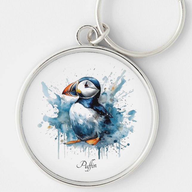 Puffin Splash, anpassad Rund Silverfärgad Nyckelring (Framsidan)