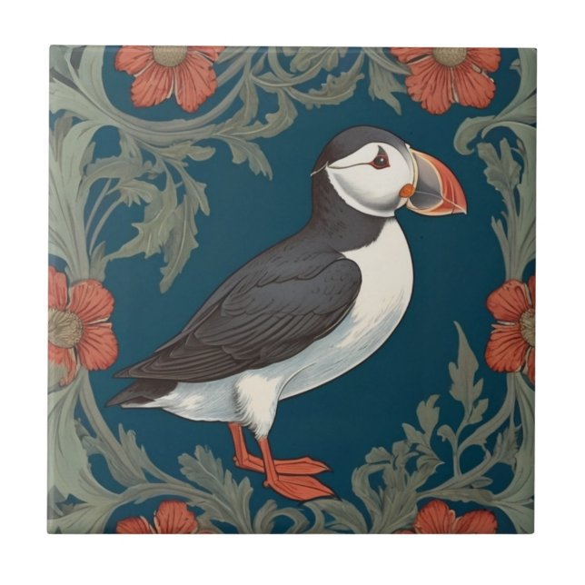 Puffin William Morris stil Höger Sea Bird Kakelplatta (Framsidan)