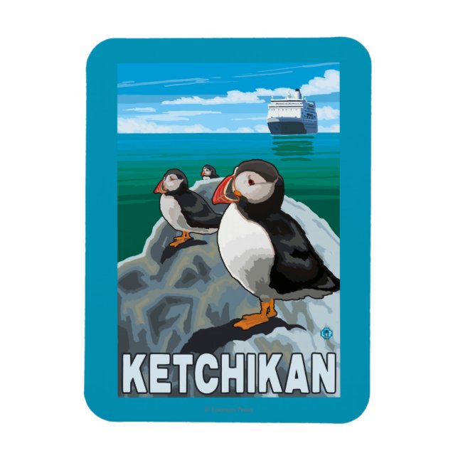 Puffins & Cruise Frakt - Ketchikan, Alaska Magnet (Vertikal)