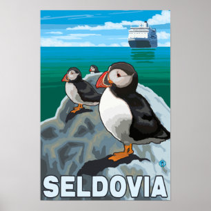 Puffins & Cruise Frakt - Seldovia, Alaska Poster