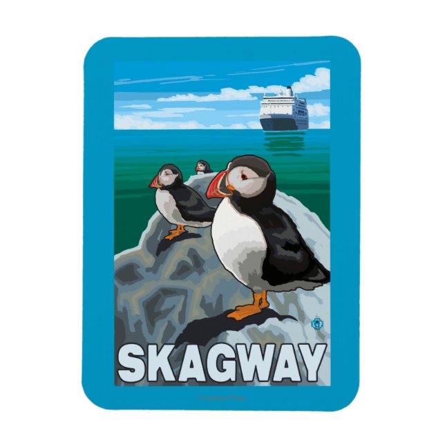 Puffins & Cruise Frakt - Skagway, Alaska Magnet (Vertikal)