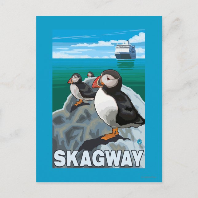 Puffins & Cruise Frakt - Skagway, Alaska Vykort (Framsida)