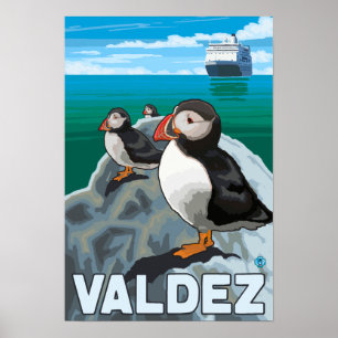 Puffins & Cruise Frakt - Valdez, Alaska Poster