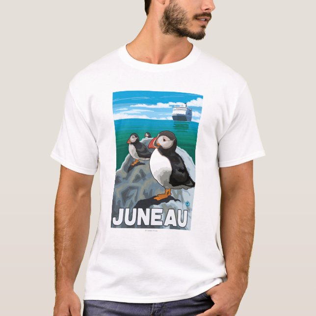Puffins & kryssningfrakt - Juneau, Alaska T-shirt (Framsida)