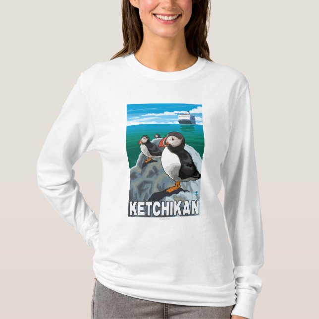Puffins & kryssningfrakt - Ketchikan, Alaska Tee (Framsida)