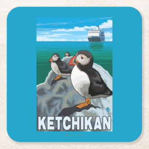 Puffins & kryssningfrakt - Ketchikan, Alaska Underlägg Papper Kvadrat