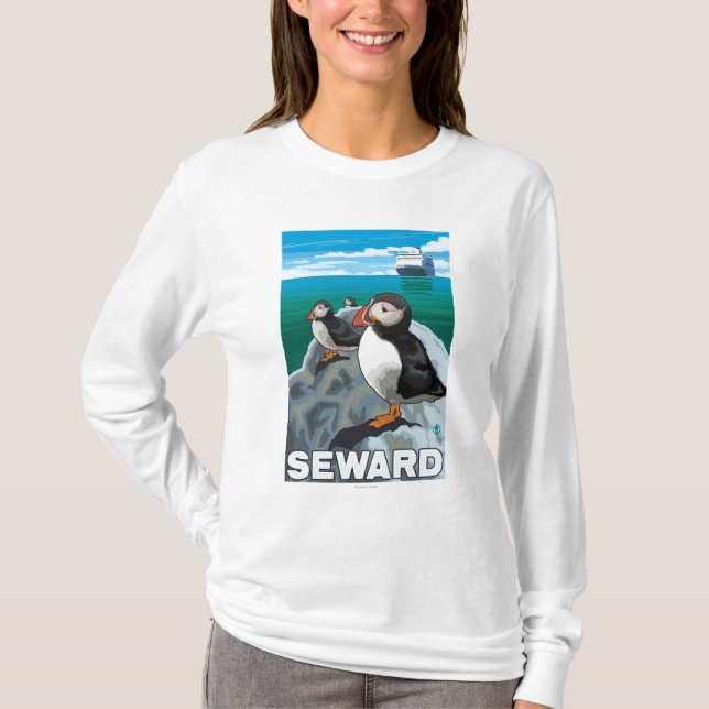 Puffins & kryssningfrakt - Seward, Alaska Tee Shirt (Framsida)