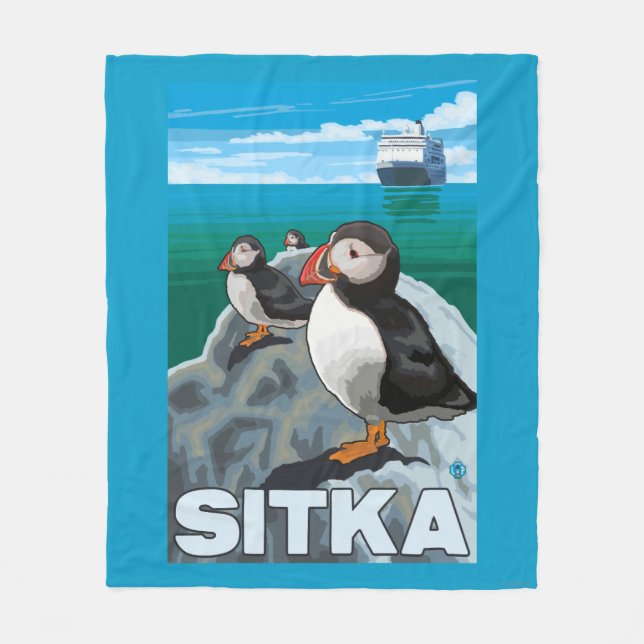 Puffins & kryssningfrakt - Sitka, Alaska Fleecefilt (Framsidan)