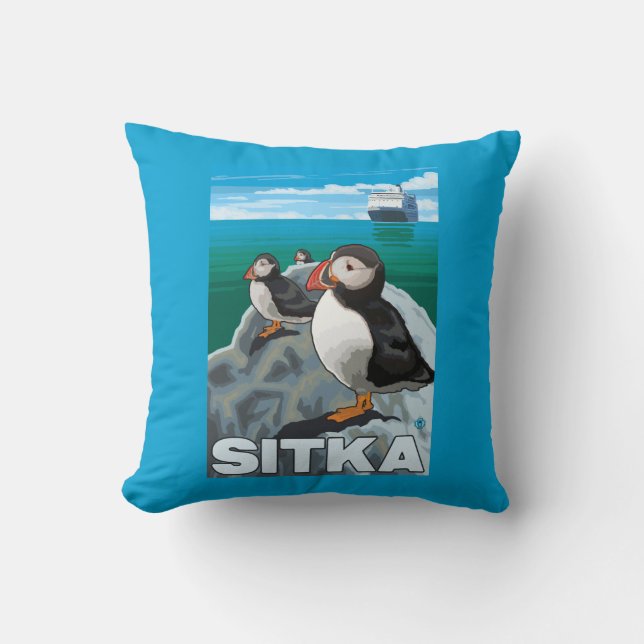 Puffins & kryssningfrakt - Sitka, Alaska Kudde (Framsida)