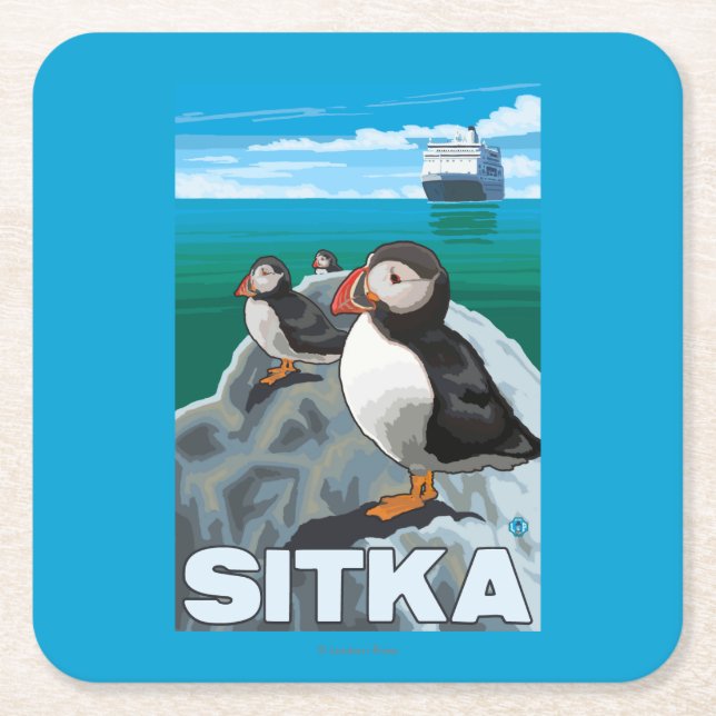 Puffins & kryssningfrakt - Sitka, Alaska Underlägg Papper Kvadrat (Framsidan)