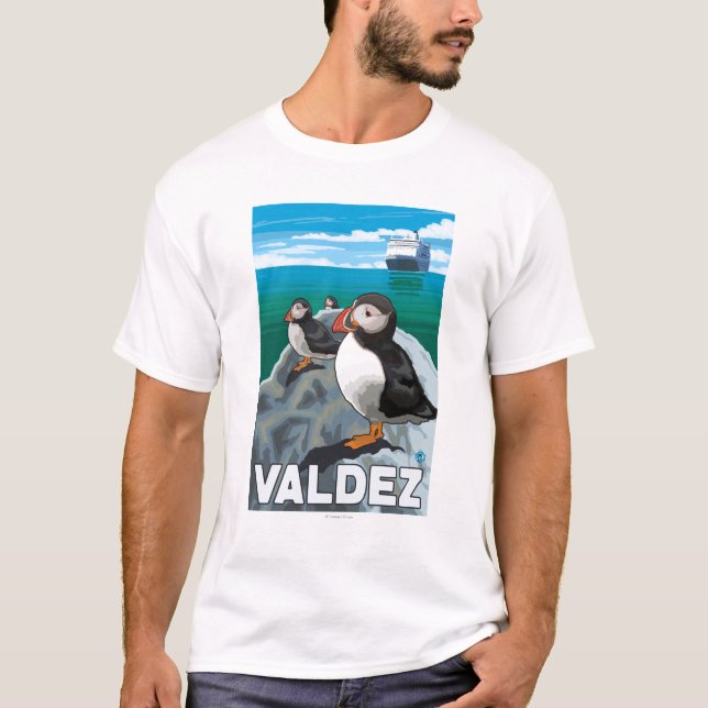 Puffins & kryssningfrakt - Valdez, Alaska Tee (Framsida)