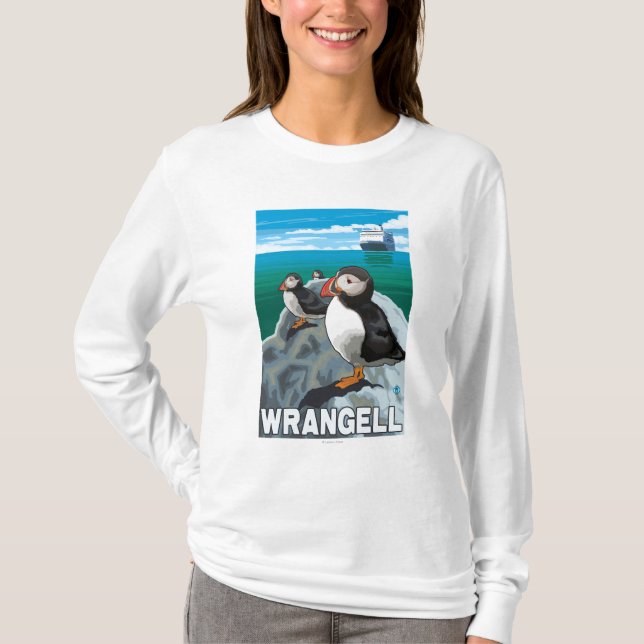 Puffins & kryssningfrakt - Wrangell, Alaska T Shirt (Framsida)