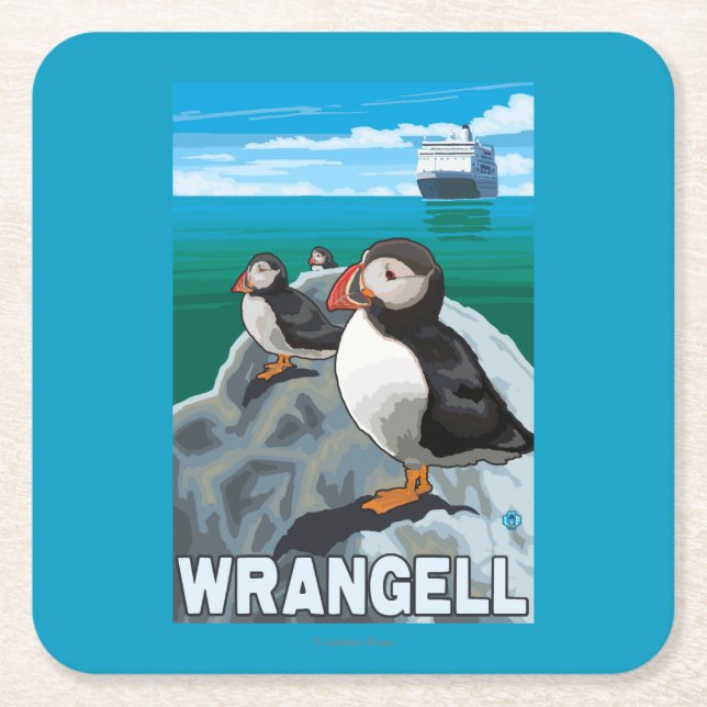 Puffins & kryssningfrakt - Wrangell, Alaska Underlägg Papper Kvadrat (Framsidan)