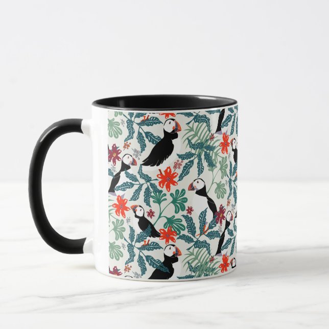 Puffins Mönster Warm Beige Mugg (Vänster)
