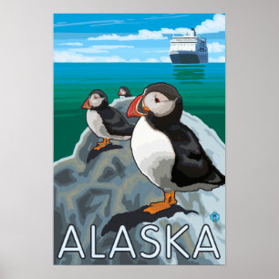 Puffins som håller ögonen på en kryssningfrakt poster