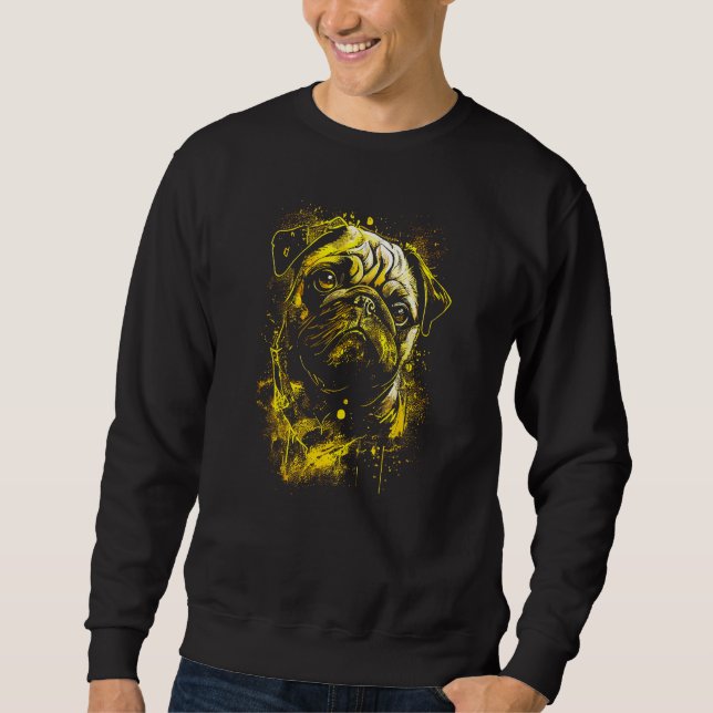 Pug Ägare Pugs Hundar Graffiti Guld Stil Konst Gr Lång Ärmad Tröja (Framsida)