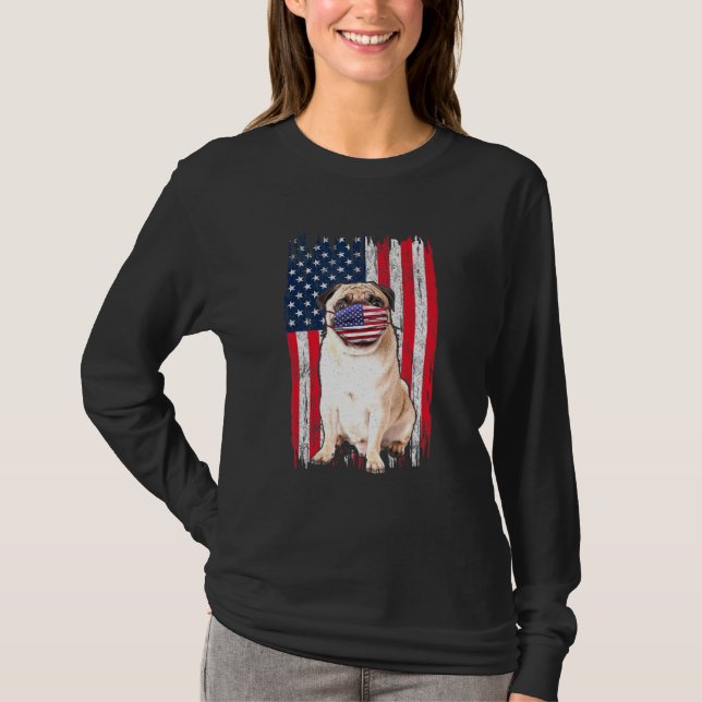Pug American Flagga Wears Ansikte Mask 4:e juli T Shirt (Framsida)