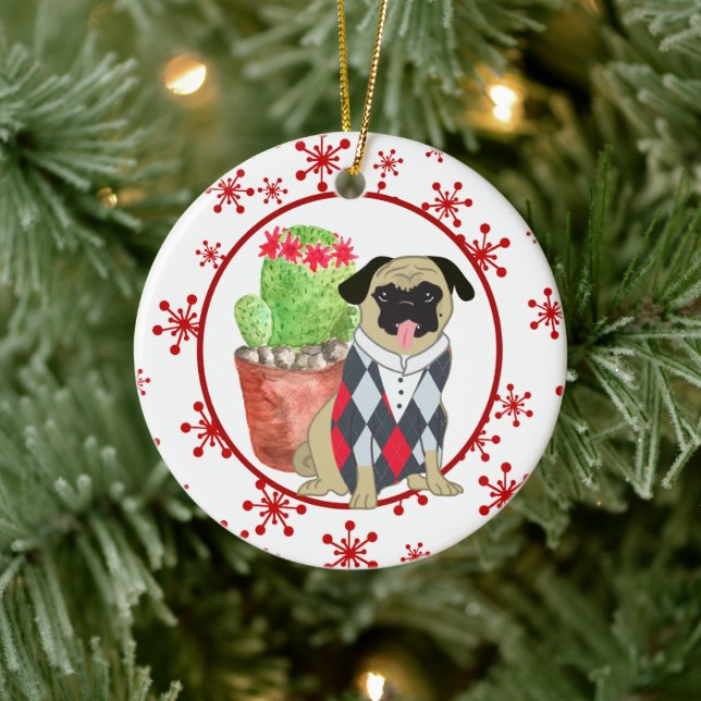 Pug and Cactus Red Snowflake Template Julgransprydnad Keramik (Träd)