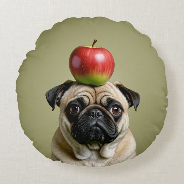 Pug Apple Rund Kudde (Framsidan)