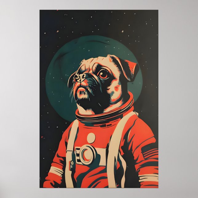Pug Astronaut Poster, Pug Retro Print, Pug Poster (Framsidan)