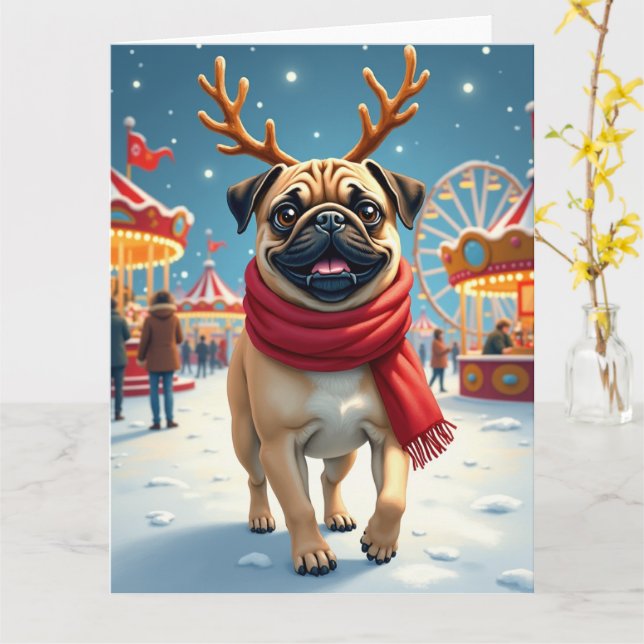 Pug at the Winter Fairgrounds Christmas Painting Kort (Gul blomma)