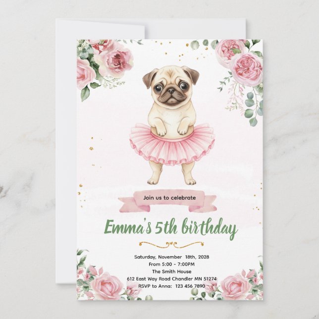 Pug Ballerina Birthday Invitation Inbjudningar (Framsida)