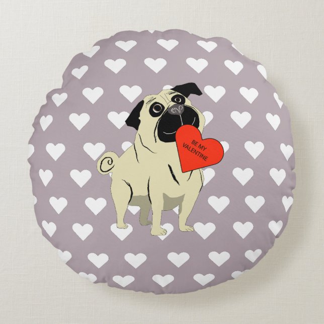 Pug be my Valentine Rund Kudde (Framsidan)