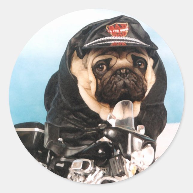 Pug Biker Stickers Runt Klistermärke (Framsida)