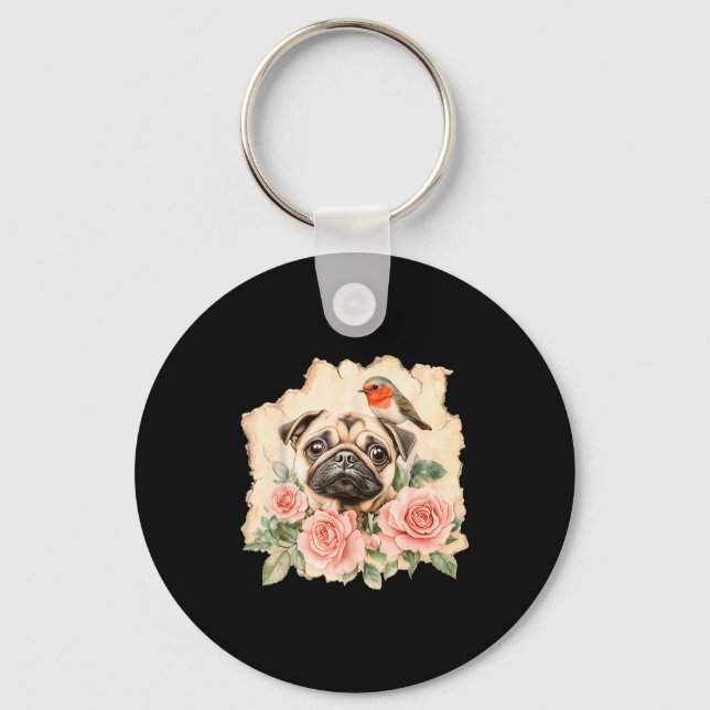 Pug bird cute dog funny pug  nyckelring (Framsida)