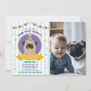 Pug Birthday Doggy Party Hund Confetti Blue Inbjudningar