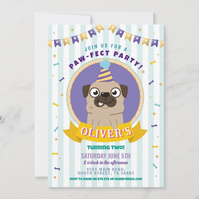 Pug Birthday Doggy Party Hund Confetti Blue Inbjudningar (Framsida)