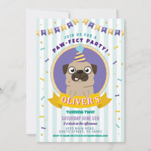 Pug Birthday Doggy Party Hund Confetti Blue Inbjudningar
