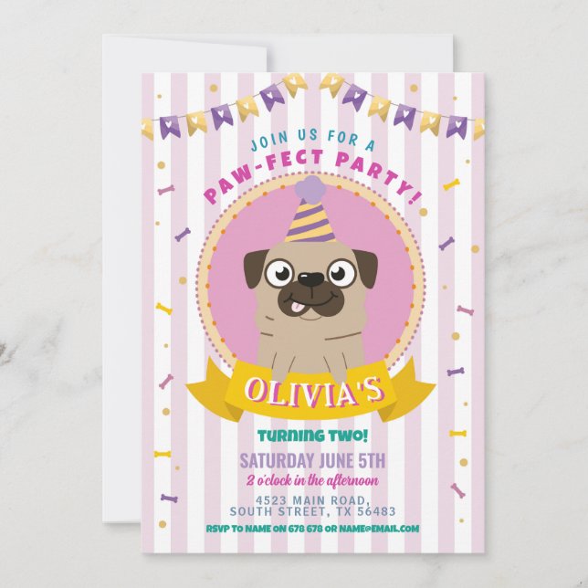 Pug Birthday Doggy Party Hund Confetti Inbjudningar (Framsida)
