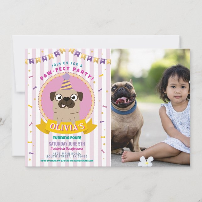 Pug Birthday Doggy Party Hund Confetti Photo Inbjudningar (Framsida)