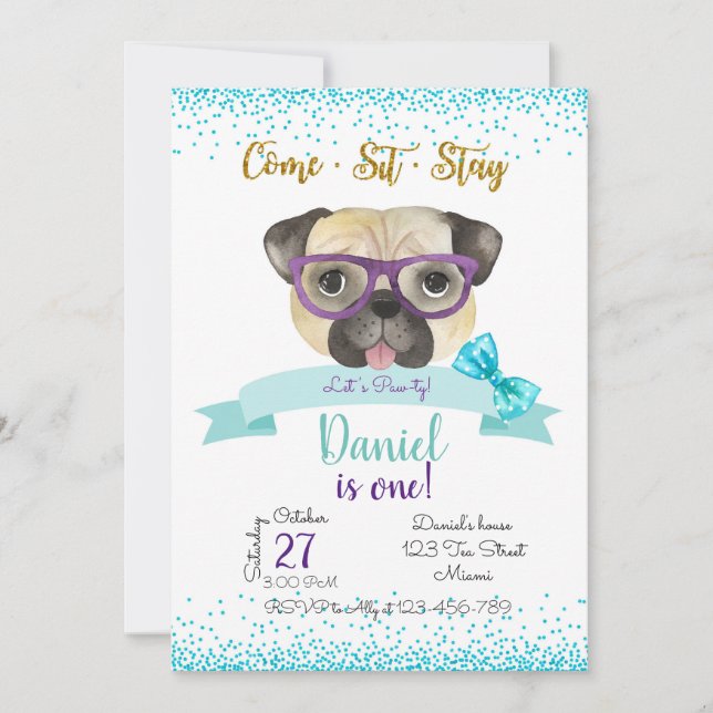 Pug Birthday Invitation, Pug Invite Inbjudningar (Framsida)