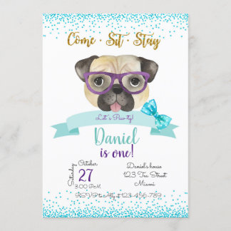 Pug Birthday Invitation, Pug Invite Inbjudningar