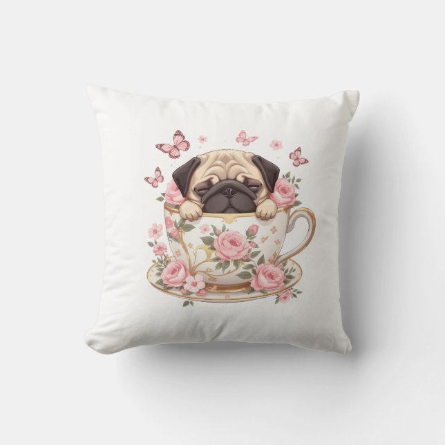 Pug Blossom Dreams Kastkudde – Söt Blommig Pug  Kudde (Framsida)