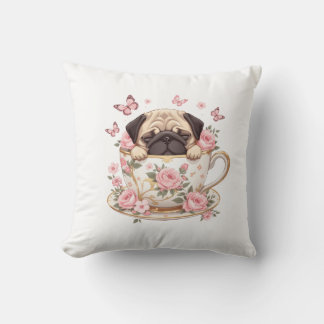 Pug Blossom Dreams Throw Pillow – Cute Floral Pug  Kudde