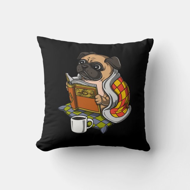 Pug Bok Reading Älskare Hund Cute Pet Kudde (Framsida)