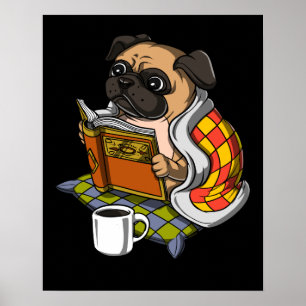 Pug Bok Reading Älskare Hund Cute Pet Poster
