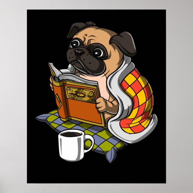 Pug Bok Reading Älskare Hund Cute Pet Poster (Framsidan)