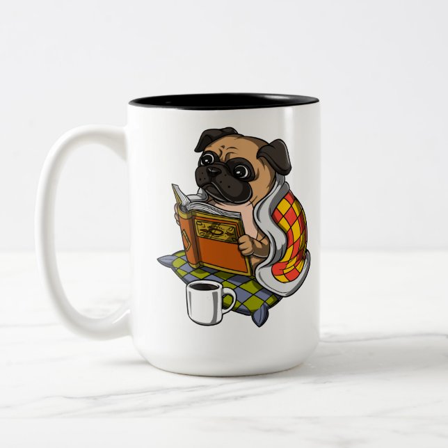 Pug Bok Reading Älskare Hund Cute Pet Två-Tonad Mugg (Vänster)