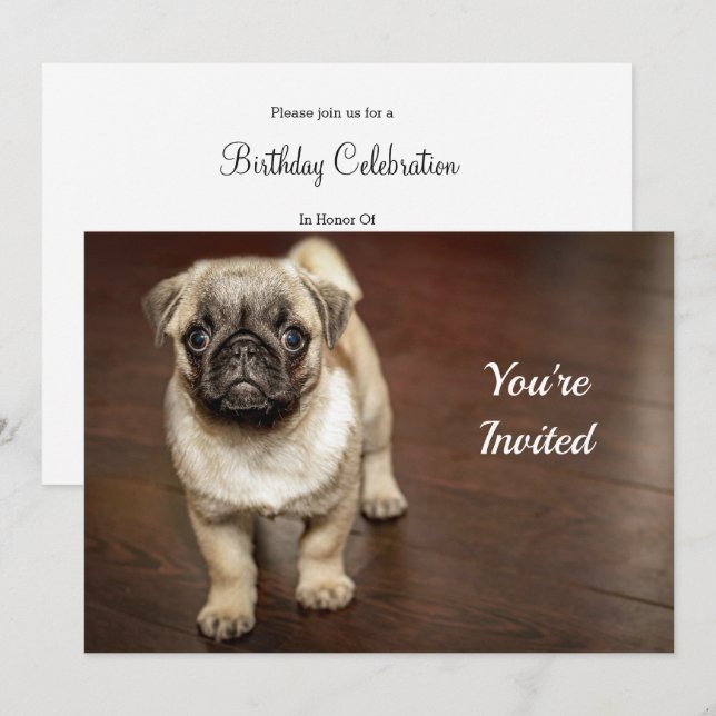 Pug Brown Hund Photo Birthday Inbjudningar (Fram/baksida)