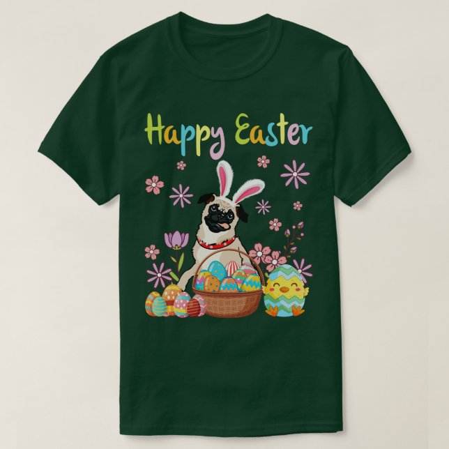 Pug Bunny Hund Dance with Flower Eggs Chick Lyckli T Shirt (Design framsida)