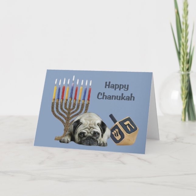 Pug Chanukah Card Menorah Dreidel Helgkort (Framsida)