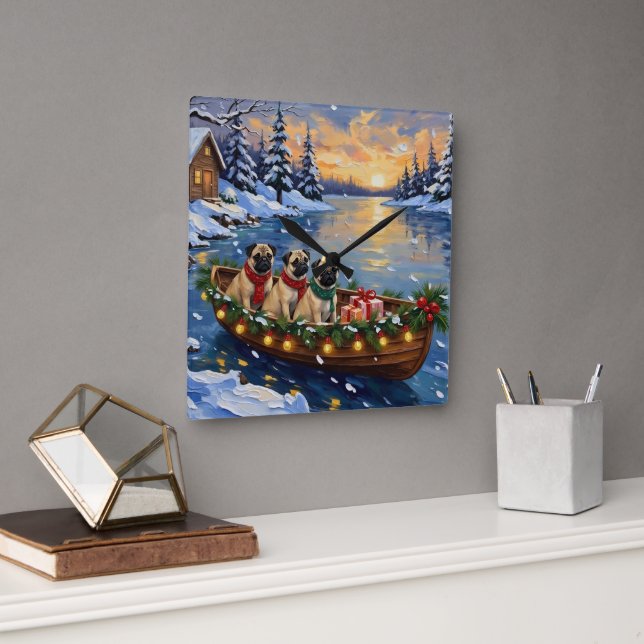 Pug Christmas Boat Holiday Fyrkantig Klocka (Kontor)