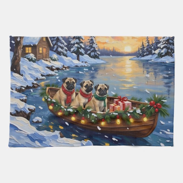 Pug Christmas Boat Holiday Kökshandduk (Horisontell)