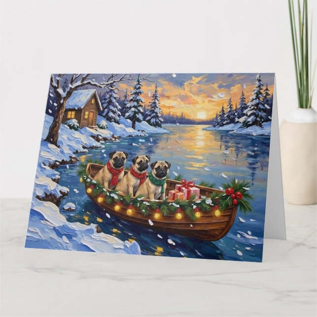 Pug Christmas Boat Holiday Kort (Framsida)