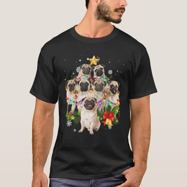 Pug Christmas Dog Tree Lights Pajamas Family T Shirt (Framsida)