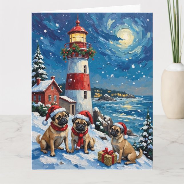 Pug Christmas Lighthouse Holiday Kort (Framsida)